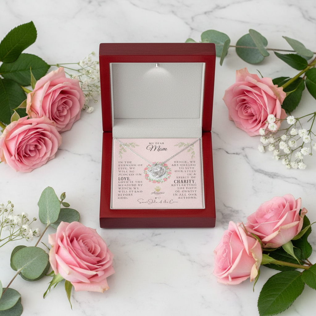 My Dear Mom Love Knot Necklace with Saint John of the Cross Quote