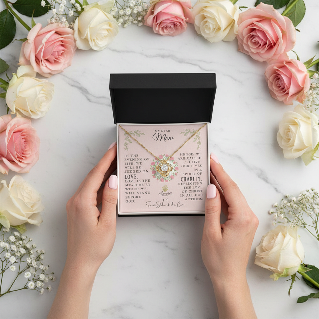 My Dear Mom Love Knot Necklace with Saint John of the Cross Quote