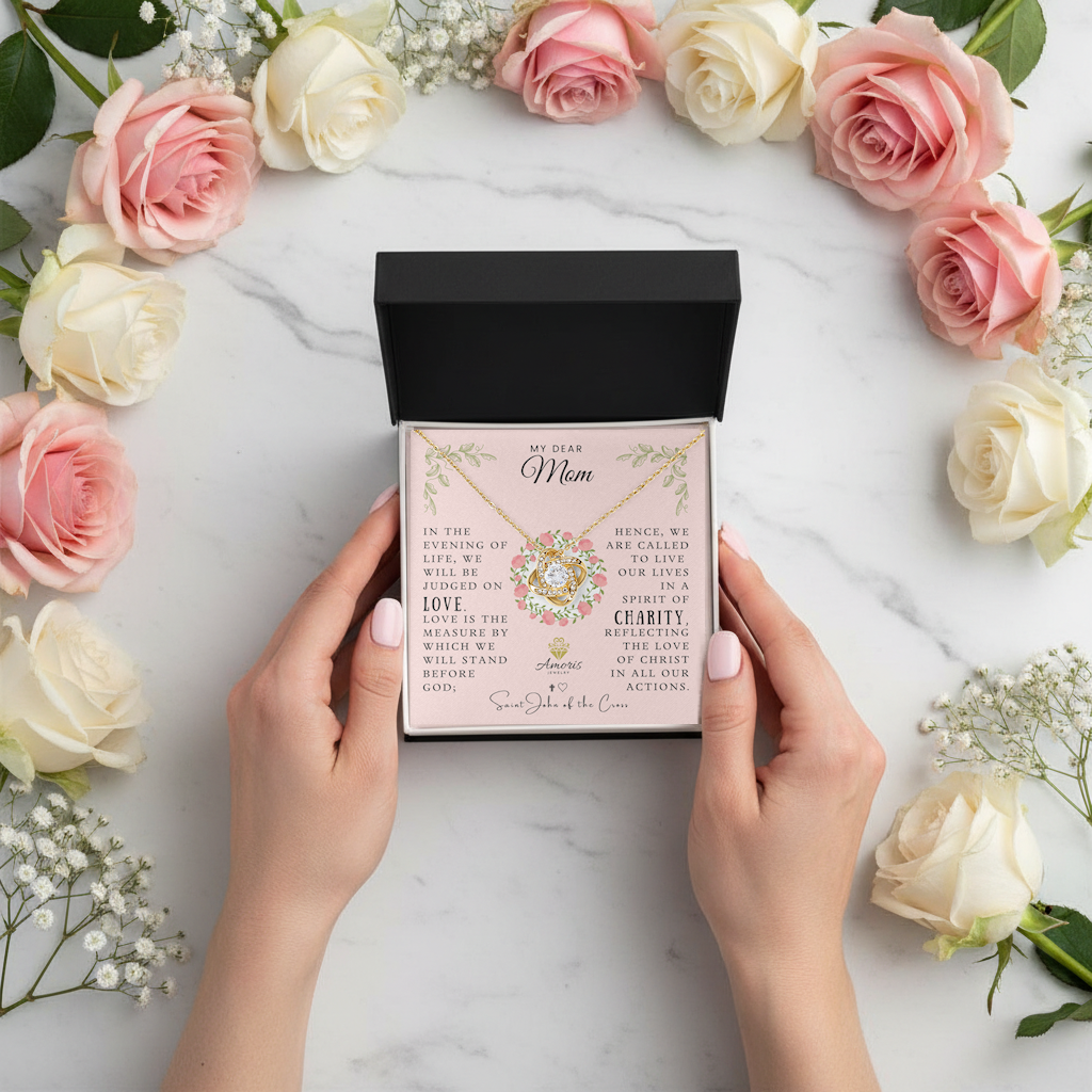 My Dear Mom Love Knot Necklace with Saint John of the Cross Quote