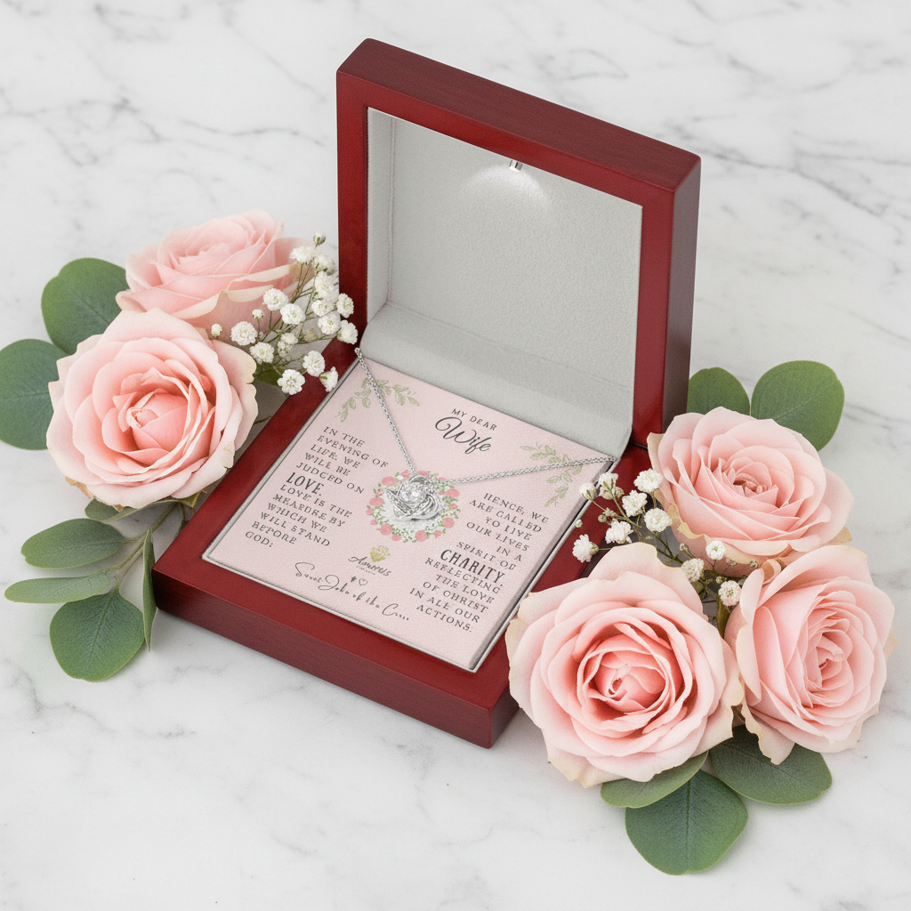 My Dear Wife Love Knot Necklace with Saint John of the Cross Quote