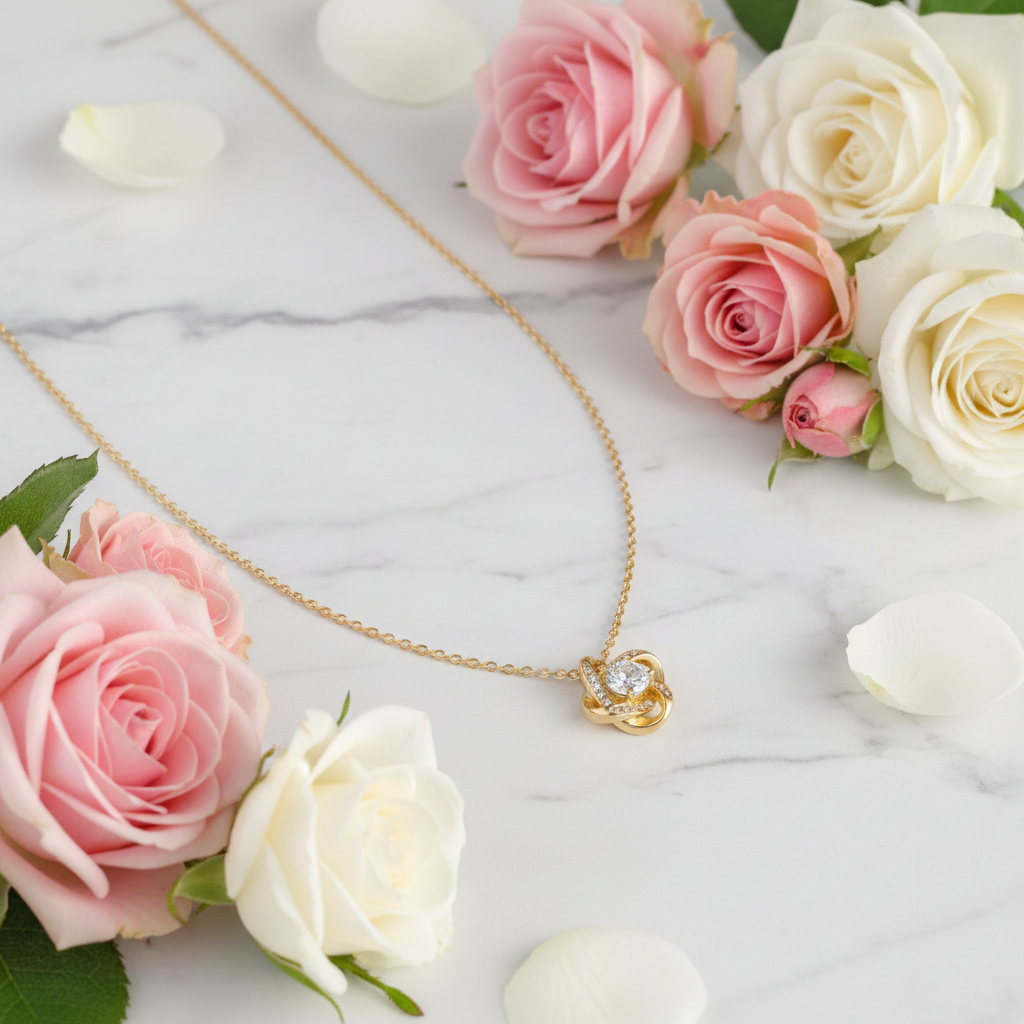 Collier avec nœud d'amour « Je vous salue Marie » et rose éternelle, accompagné d'une carte de prière en anglais