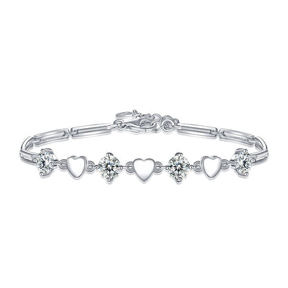 Pulsera ajustable de corazones con diamantes simulados en plata de ley