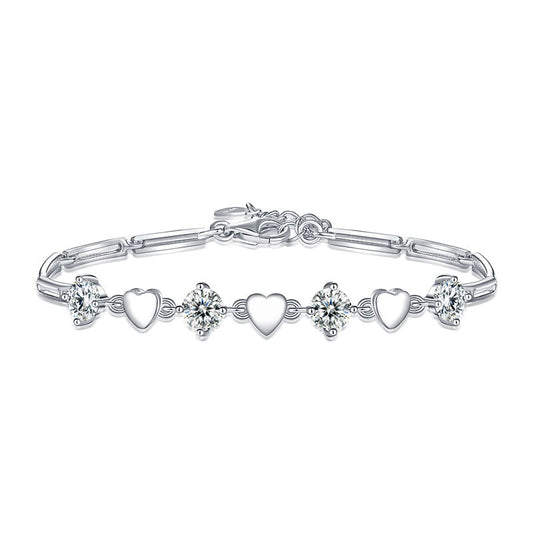 Bracelet ajustable en argent sterling avec diamants simulés en forme de cœur