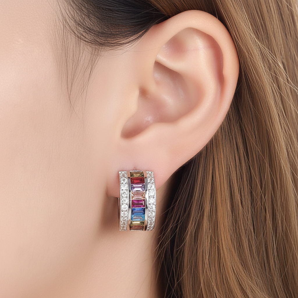 Multi-Color Half Hoop Earrings in Sterling Silver