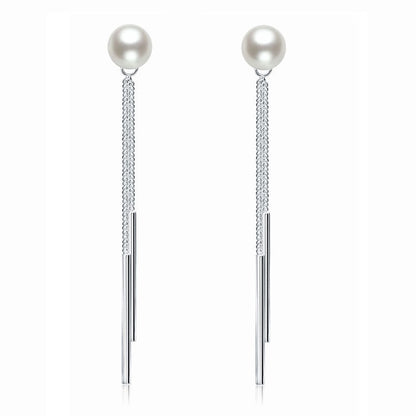 Pendientes largos de perla creada en plata de ley