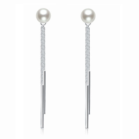 Pendientes largos de perla creada en plata de ley