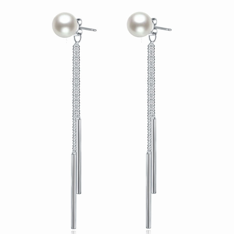 Pendientes largos de perla creada en plata de ley