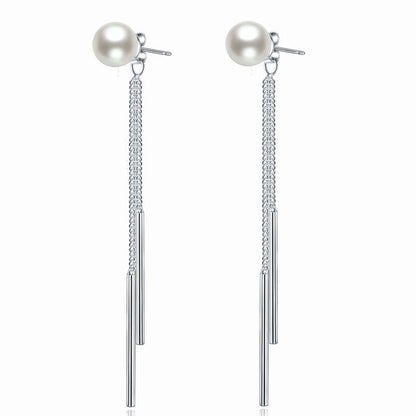 Pendientes largos de perla creada en plata de ley