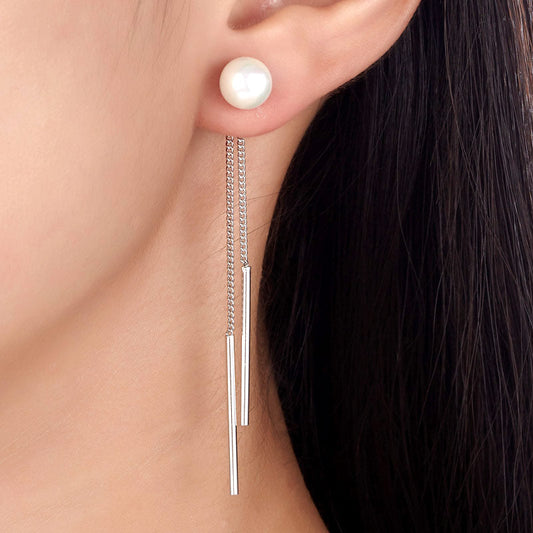 Pendientes largos de perla creada en plata de ley