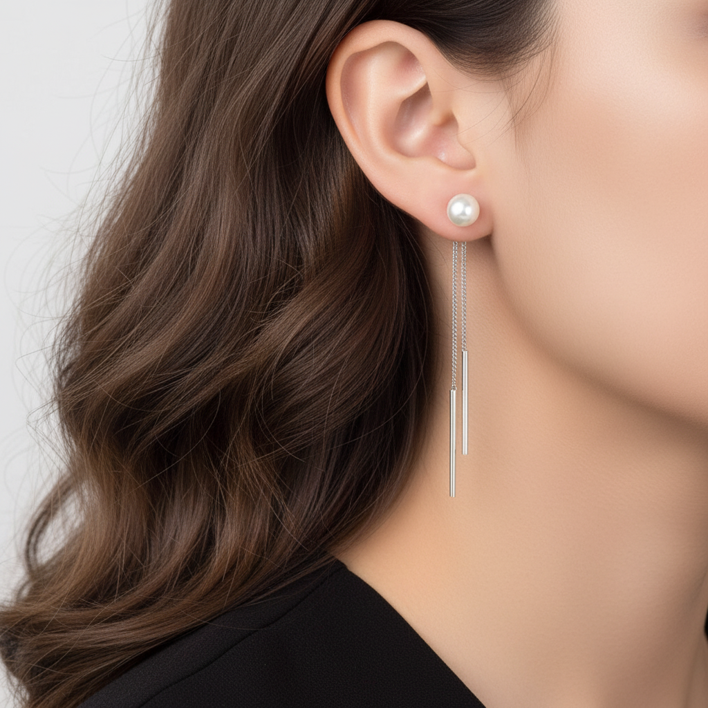 Boucles d'oreilles pendantes longues en perles synthétiques en argent sterling