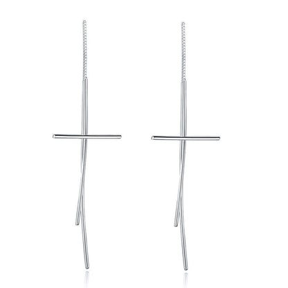 Pendientes largos con forma de cruz en plata de ley