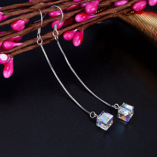 Pendientes largos de cristal austriaco AB en plata de ley