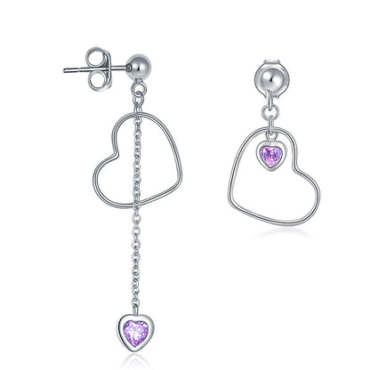 Pendientes colgantes de diamantes simulados rosas con corte de corazón en plata de ley