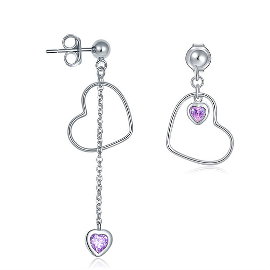 Pendientes colgantes de diamantes simulados rosas con corte de corazón en plata de ley