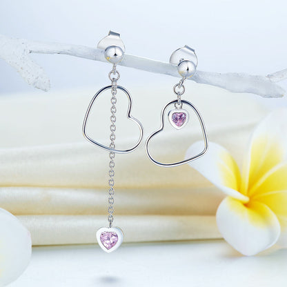 Pendientes colgantes de diamantes simulados rosas con corte de corazón en plata de ley