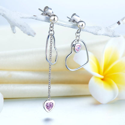 Pendientes colgantes de diamantes simulados rosas con corte de corazón en plata de ley