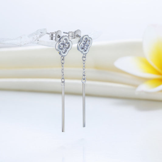 Pendientes colgantes de diamantes simulados con forma de flor en plata de ley