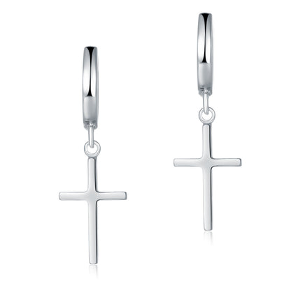 Cross Huggie Dangle Earrings in Sterling Silver