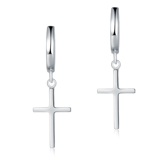 Cross Huggie Dangle Earrings in Sterling Silver