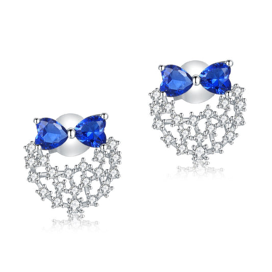 Pendientes de plata de ley con diamantes de imitación azules y lazos de corazón 