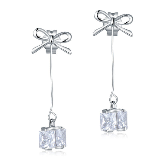 Pendientes colgantes de diamantes simulados con lazo de cinta en plata de ley 