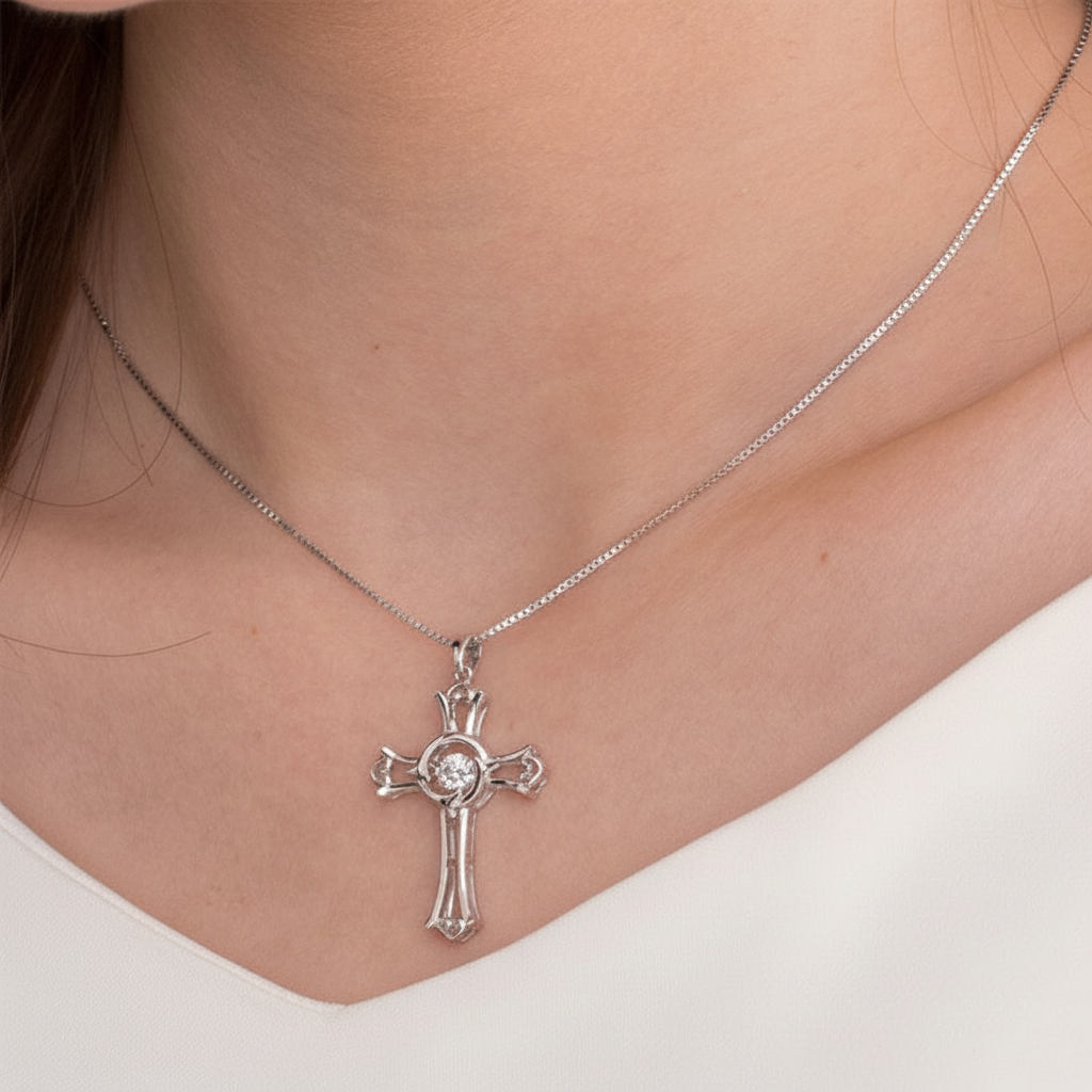 Cross Hearts Dancing Stone Pendant Necklace