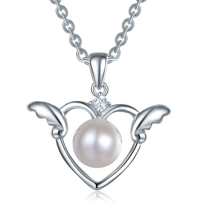 Angel Heart Freshwater Pearl Pendant Necklace in Sterling Silver for Girls