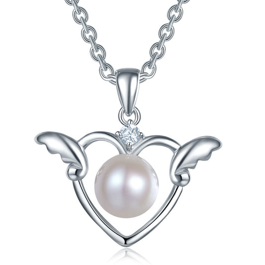 Angel Heart Freshwater Pearl Pendant Necklace in Sterling Silver for Girls
