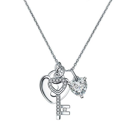 Collier avec pendentif en forme de cœur et clé en argent sterling, imitation diamant, 1,5 carat
