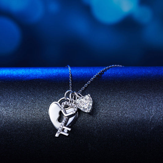 Collier avec pendentif en forme de cœur et clé en argent sterling, imitation diamant, 1,5 carat