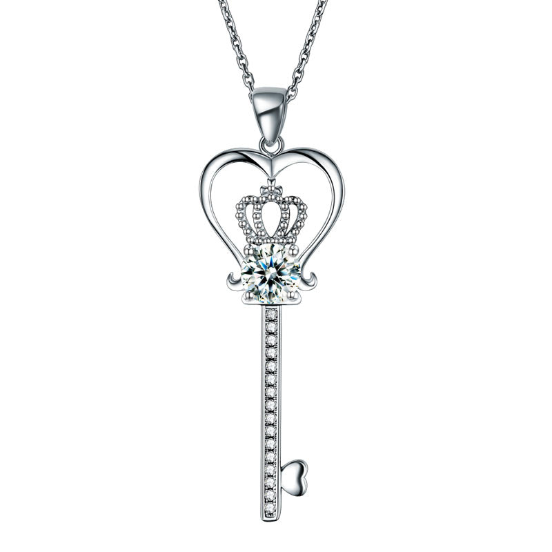 1.25 CT. Simulated Diamond Heart Crown Key Pendant Necklace in Sterling Silver