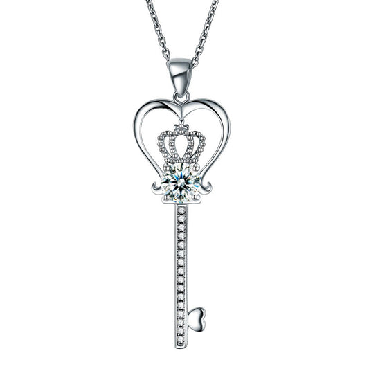 1.25 CT. Simulated Diamond Heart Crown Key Pendant Necklace in Sterling Silver