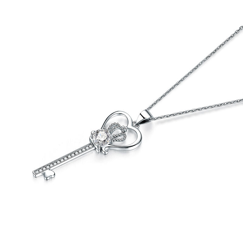 1.25 CT. Simulated Diamond Heart Crown Key Pendant Necklace in Sterling Silver