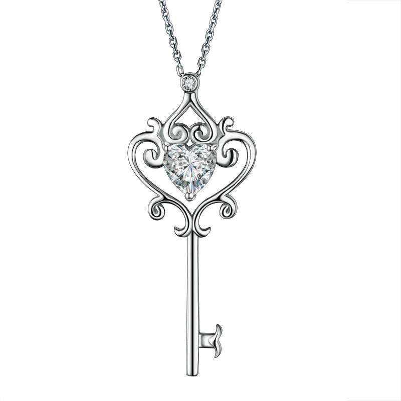 Collier pendentif clé vintage en argent sterling avec diamant synthétique taille cœur de 1,5 carat