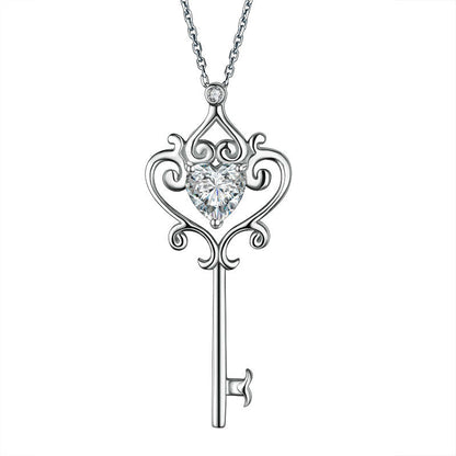 Collier pendentif clé vintage en argent sterling avec diamant synthétique taille cœur de 1,5 carat