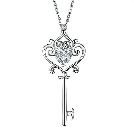 1.5 CT. Heart Cut Simulated Diamond Vintage Key Pendant Necklace in Sterling Silver