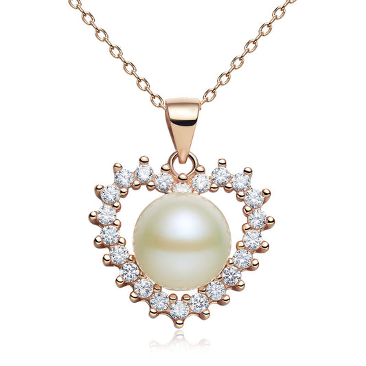 Collier avec pendentif en forme de cœur et perles d'eau douce en argent sterling plaqué or rose