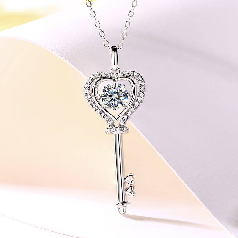 1 CT. Moissanite Diamond Dancing Stone Heart Key Pendant Necklace