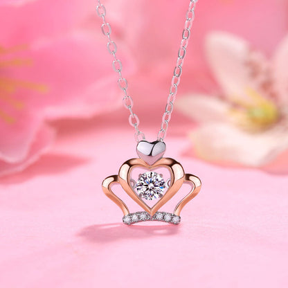 0.3 CT. Moissanite Diamond Dancing Stone Heart Crown Pendant Necklace