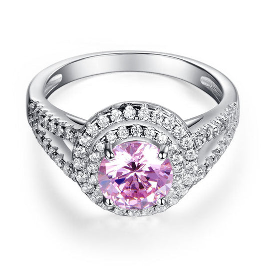 1.25 CT. Round Brilliant Cut Pink Simulated Diamond Double Halo Ring in Sterling Silver