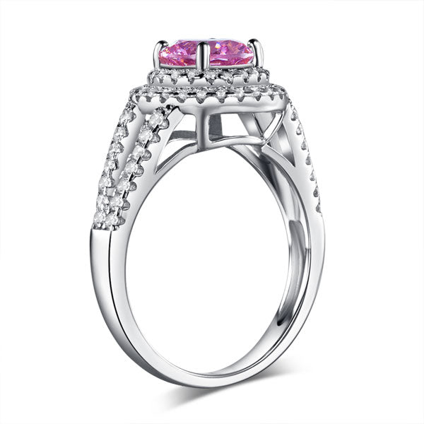 1.25 CT. Round Brilliant Cut Pink Simulated Diamond Double Halo Ring in Sterling Silver