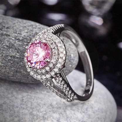 1.25 CT. Round Brilliant Cut Pink Simulated Diamond Double Halo Ring in Sterling Silver