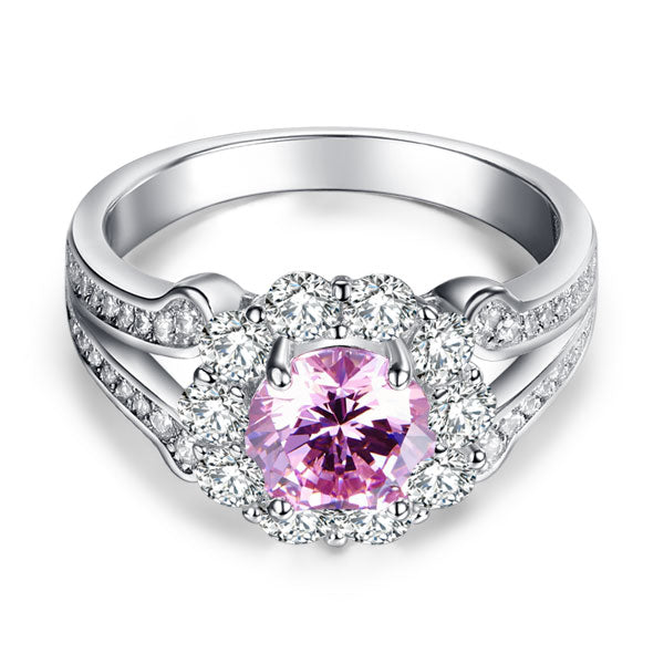 1.25 CT. Round Brilliant Cut Pink Simulated Diamond Flower Halo Ring in Sterling Silver