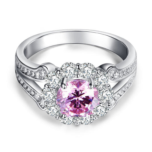 1.25 CT. Round Brilliant Cut Pink Simulated Diamond Flower Halo Ring in Sterling Silver