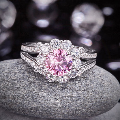 1.25 CT. Round Brilliant Cut Pink Simulated Diamond Flower Halo Ring in Sterling Silver
