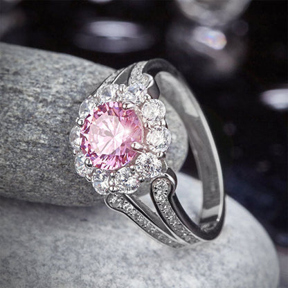 1.25 CT. Round Brilliant Cut Pink Simulated Diamond Flower Halo Ring in Sterling Silver
