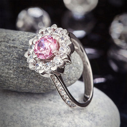 1 CT. Round Brilliant Cut Pink Simulated Diamond Snowflake Halo Ring in Sterling Silver
