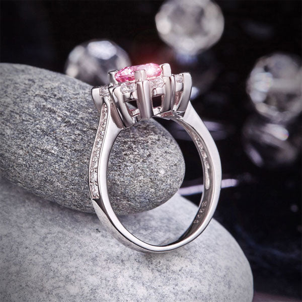 1 CT. Round Brilliant Cut Pink Simulated Diamond Snowflake Halo Ring in Sterling Silver