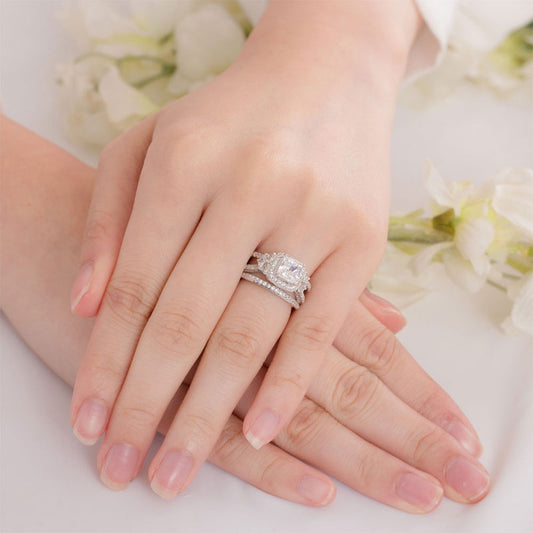 1 CT. Princess Cut Halo Simulated Diamond Bridal Set in Sterling Silver