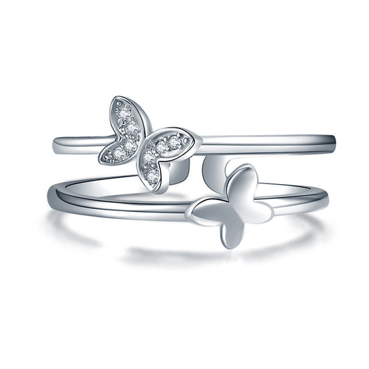 Anillo de puño de doble banda con mariposa en plata de ley